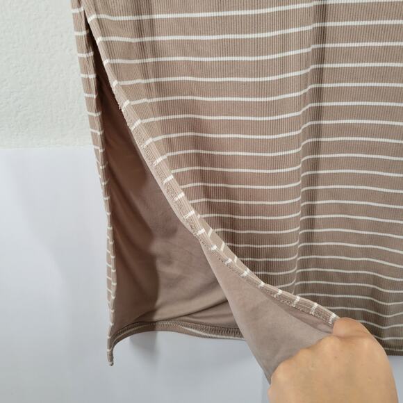 Faded Rose Midi Dress Womens Large Tan White Strip Side Slit Classic Bodycon - Picture 3 of 9